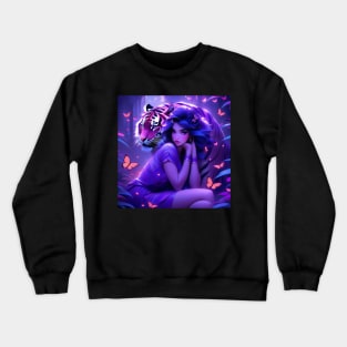 Fantasy girl with tiger in purple aesthetic Crewneck Sweatshirt
